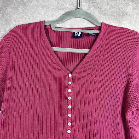 Vintage Gap Sweater Womens Medium Pink Rib Knit Button Front Short Sleeve Y2K - Picture 2 of 8